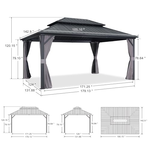 PURPLE LEAF 12' X 16' Permanent Hardtop Gazebo Outdoor Aluminum Gazebo with Heavy Duty Galvanized Steel Double Roof for Patio Lawn Garden Aluminum Gazebo with Netting and Curtains Grey PURPLE LEAF