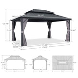 PURPLE LEAF 12' X 16' Permanent Hardtop Gazebo Outdoor Aluminum Gazebo with Heavy Duty Galvanized Steel Double Roof for Patio Lawn Garden Aluminum Gazebo with Netting and Curtains Grey PURPLE LEAF