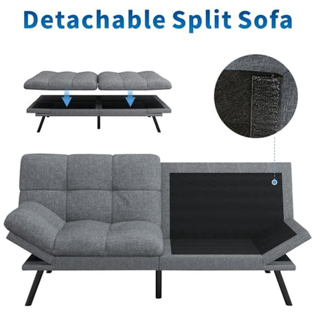 MUUEGM Futon Sofa Bed, 71" Convertible Linen Memory Foam Couch Bed, Modern Backrests Armrests Love Seat for Living Room,Apartment,Office,Light Grey Sleeper Couch MUUEGM