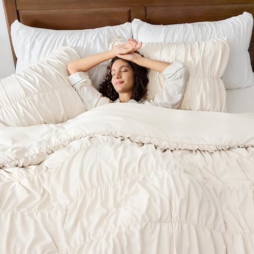 Andency Ruched Beige Full Size Comforter Sets, Shabby Chic Pleatd Bedding Sets 3 Pieces, Lightweight Soft Boho Ruffle Bed Set for Girls, Kids, Women, All Season Andency