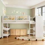 Bellemave Full Loft Bed with Storage Boxes and Bookshelves, Solid Wood Kids Loft Bed with Desk and Blackboard, Low Loft Beds Frame for Kids, Girls, Boys, Childlike Design, White Bellemave
