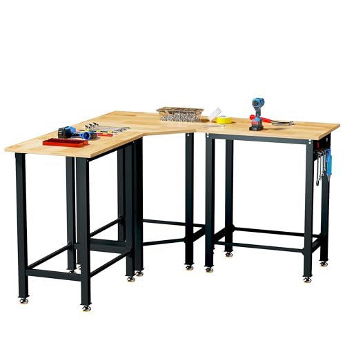 Betterhood 48"/60" Heavy-Duty Adjustable Workbench for Garage, Rubber Wood Shop Table,Hardwood Workstation Weight Capacity Over 1500 Lbs (Rubber Pad/Power Outlets/Ruler/63 x21.7 x35.8) Betterhood