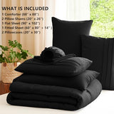 CozyLux Queen Comforter Set Black, 7 Pieces Soft Pinch Pleat Bed in a Bag Queen Comforter Set with Sheets, Boho Bed Set with Down Alternative Comforter, Sheets, Pillowcases & Shams CozyLux