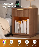 Akxomel Fluted Nightstand, Wooden Night Stand with Charging Station and LED Light, Modern Mid Century End Table with Drawer, 15" D x 15.7" W x 22.6" H, for Bedroom, Walnut Akxomel