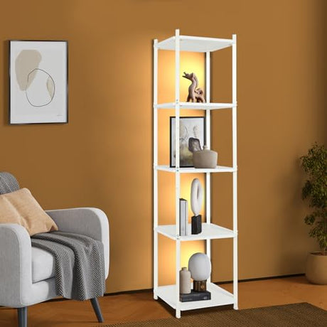 5 Tier Corner Shelf with LED Light, 57.7" Tall Corner Stand Shelves Modern Home Decor Display Floor Lamps, Corner Furniture Open Bookshelf for Bedroom, Office, Living Rooms, White Bloddream