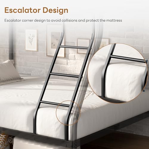Metal Bunk Bed Twin Over Full Size, Heavy Duty Bunk Bedframe with Safety Guard & Ladder, Space-Saving, No Box Spring Needed, BunkBed Frame for Aldults Dorm Bedroom Guest Room (Black, Twin Over Full) OUEEEDD