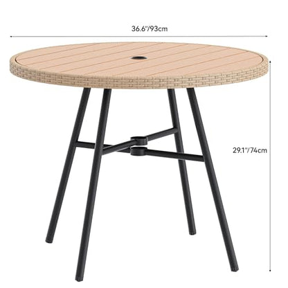 YITAHOME Round Patio 36.6'' Dining Wood Table for 4-Person w/1.96" Umbrella Hole, Rattan Wrapped Tabletop and Sturdy Iron Frame Perfect for Lawn Backyard Garden