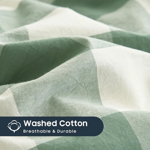 Wake In Cloud - Gingham Cotton Duvet Cover Set, Plaid Buffalo Check Checkered Farmhouse, 100% Washed Cotton Textured Percale Bedding Set, 3 Pieces, Green White, Twin/Twin XL Size Wake In Cloud