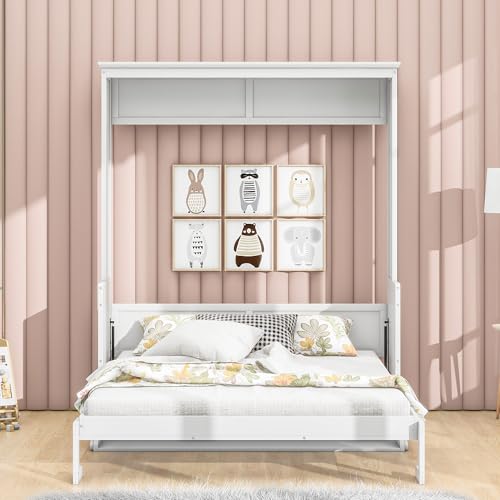 FAVSH Queen Size Murphy Bed with Shelf, Modern Solid Pine Wood Wall Bed, Space-Saving Hidden Bed,Fold-The-Way Bed for Bedroom,No Box Spring Needed,White FAVSH