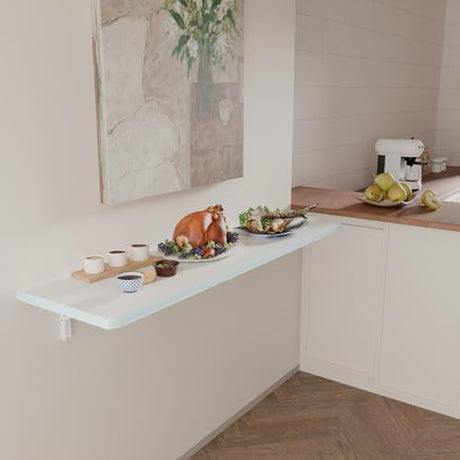 IAE Wall Mounted Folding Table with Pine Wood,55" x 16" Floating Wall Desk,Laundry Folding Table with Shelf Brackets,Fold Down Desk Shelf,Folding Workbench for Home,Dining,Laundry Room,Kitchen,White IAE