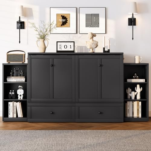 DNChuan Full Size Murphy Cabinet Bed with Spacious Storage Drawer, Foldable Murphy Cabinet Bed Frame with Storage Shelves, Space Saving, No Noise, Kids, Boys, Adults, Dark Gray DNChuan
