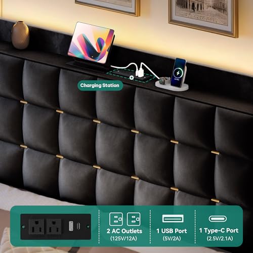 YITAHOME Queen Size Bed Frame with 4 Drawers and RGB LED Lights, Velvet Upholstered Platform Bed with Charging Station and Storage Headboard, No Box Spring Needed, Easy Assembly, Black YITAHOME