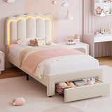 Twin Upholstered LED Bed Frame with Storage Drawer and Adjustable Chic Double Wavy Headboard, Velvet Princess Platform Bed for Kids/Girls, Solid Wood Slats Support, No Box Spring Needed, Beige Jocoevol