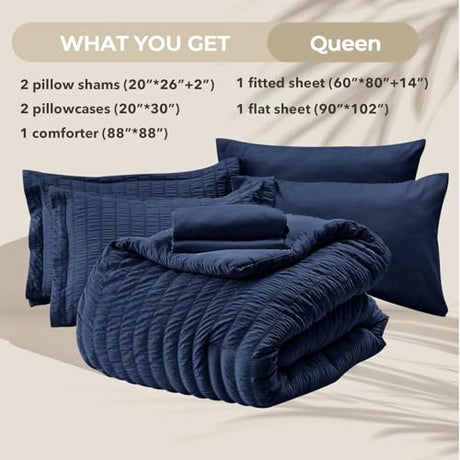 HYMOKEGE Navy Blue Queen Comforter Set Seersucker 7 Pieces, All Season Luxury Bed in a Bag for Bedroom, Bedding Set with Comforters, Sheets, Pillowcases & Shams HYMOKEGE