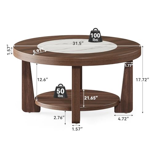 LITTLE TREE Modern Round Coffee Table, 2-Tier Wood Coffee Table with Storage, Marble-Like Tabletop for Living Room, Simple & Modern Center Table for Small Space, Brown LITTLE TREE