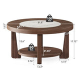 LITTLE TREE Modern Round Coffee Table, 2-Tier Wood Coffee Table with Storage, Marble-Like Tabletop for Living Room, Simple & Modern Center Table for Small Space, Brown LITTLE TREE