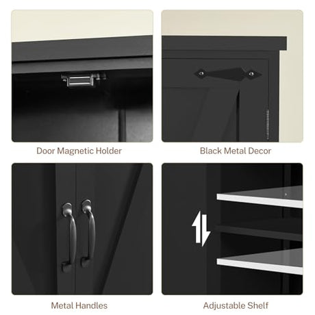 TEENFON Farmhouse Storage Cabinet with 2 Adjustable Shelves, Kitchen Cabinet with 4 Doors, Cupboard for Kitchen, Living Room, Black TEENFON