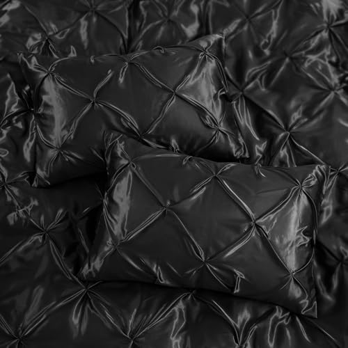 P Pothuiny 5 Pieces Satin Pintuck Duvet Cover Set, Silky Like Black Pinch Pleat Duvet Cover Full/Queen Size Luxury Bedding Set with Corner Ties, 2 Pillow Shams + 2 Pillowcases (No Comforter) P Pothuiny