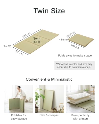FULI Japanese Tatami Mattress, Tatami Rug, Igusa Mat (Japanese Rush Grass) Folds in Three, Made in Japan (Natural, Twin) FULI