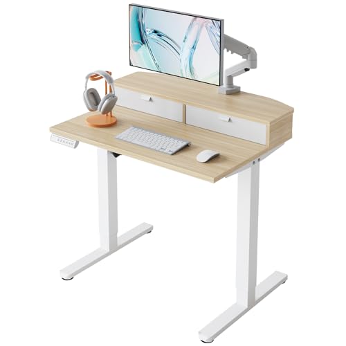 HUANUO 32 x 21 inch Small Electric Standing Desk with 2 Drawers, C-Clamp Mount Compatible, Height Adjustable Sit Stand Desk, Home Office Stand Up Desk with 4 Memory Height Settings, Light Walnut HUANUO