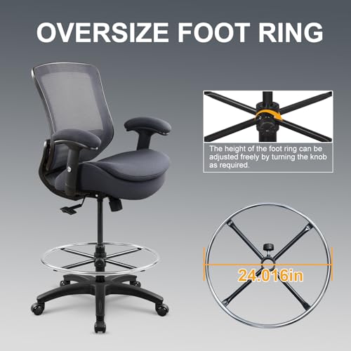WITTLONG 400lbs Wide Mid-Back Office Drafting Chair with Extra Seat Cushion for High Standing Desk with Lumbar Support and Enlarged Adjustable Footring(Gray) WITTLONG