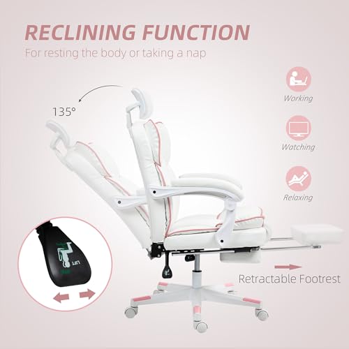 HOMCOM Executive Office Chair, Overstuffed PU Leather Reclining Computer Chair with Foot Rest, Headrest, Swivel Wheels for Home, White HOMCOM