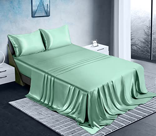 Manyshofu Satin Queen Sheets 4 Piece Set - Luxury Cooling Bedding Set, Sage Green - Fitted Sheet, Flat Sheet, 2 Pillow Cases Manyshofu
