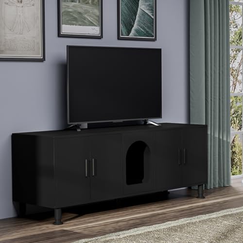 Amunrbrek Double Litter Box Enclosure, Litter Box Enclosure for 2 Litter Boxes, Modern Litter Box Furniture for 2 Cats, with Cat Door & Motion Light (Black) amunrbrek