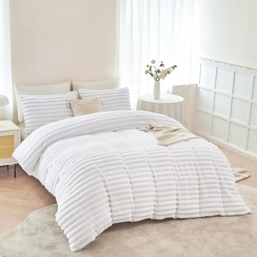 ANGIYUIN 3 Pieces White Duvet Cover Sets Twin Faux Fur Fluffy Bedding Cover Sets for Kids Girls Teens Soft Fuzzy Comforter Cover Sets for All Season(White Twin) ANGIYUIN