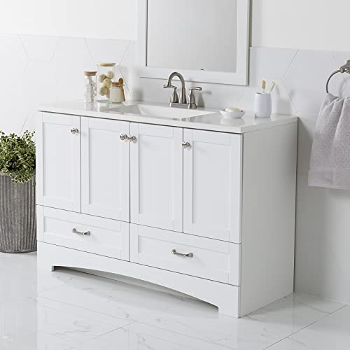 Spring Mill Cabinets Emlyn 48 Inch Bathroom Vanity with White Single Sink Top, 3 Cabinets, 2 Shelves, 2 Drawers, 48.5" W x 18.75" D x 32.89" H, White Spring Mill Cabinets