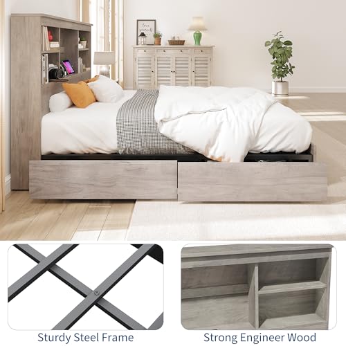 GarveeHome Full Size Bed Frame with High Storage Bookcase Headboard, Wood Bed Frame with 4 Storage Drawers, Built in Charging Station, No Box Spring Needed, Metal Frame, Noise-Free, Grey GarveeHome