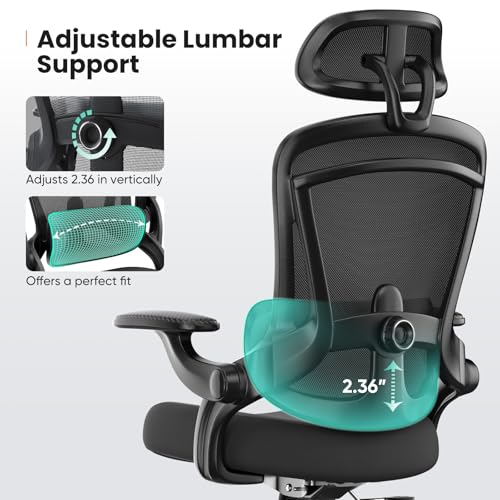 Sweetcrispy Office Chair Ergonomic Desk Chair, 300 LBS Home Mesh Office Desk Chairs with Wheels, 2D Headrest, Up&Down Lumbar Support, Swivel High Back Computer Chair with Flip-up Armrests,Dark Black Sweetcrispy