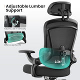 Sweetcrispy Office Chair Ergonomic Desk Chair, 300 LBS Home Mesh Office Desk Chairs with Wheels, 2D Headrest, Up&Down Lumbar Support, Swivel High Back Computer Chair with Flip-up Armrests,Dark Black Sweetcrispy