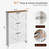 Nicetree Shaker Barn Door Shoe Cabinet, 3 Flip Drawers & 3Tier Adjustable Shelves, Ultra Slim Freestanding, Modern Rustic Brushed White Farmhouse Shoe Rack for Entryway, Hallway, Foyer & Mudroom White Nicetree
