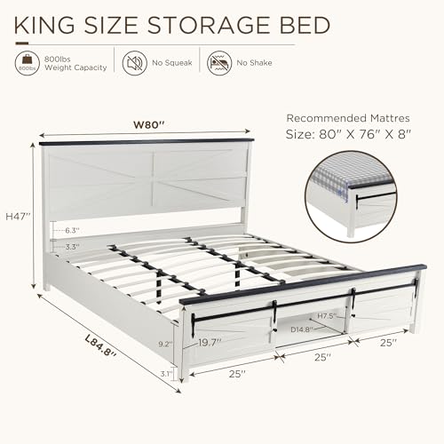 Farmhouse King Size Bed Frame with Sliding Barn Door Storage - JXQTLINGMU Antique White - WoodArtSupply