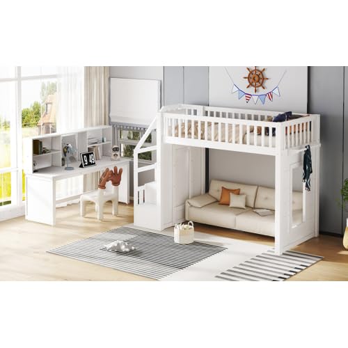 Bellemave Twin Size Low Loft Bed with Movable Desk & Storage Shelves, Kids Twin Loft Bed Frame with Storage Stairs & Hanger, White Bellemave