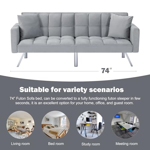 78" Modern Sofa Bed Futon,Convertible Sleeper Bed Couch with 4 Reclining Backrest,Comfy Velvet Cloud Sofa Loveseat for Living Room Bedroom Office (Grey) Anwick