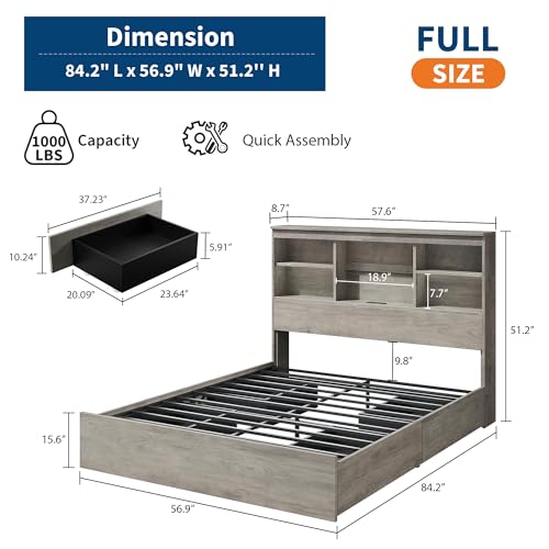 GarveeHome Full Size Bed Frame with High Storage Bookcase Headboard, Wood Bed Frame with 4 Storage Drawers, Built in Charging Station, No Box Spring Needed, Metal Frame, Noise-Free, Grey GarveeHome