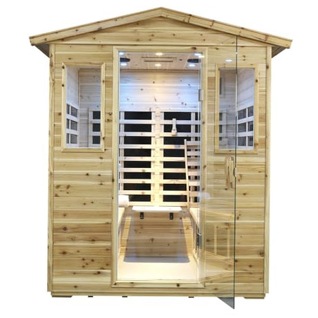 Kanlanth Outdoor Infrared Sauna with Red Light Therapy, 4 Person 2050watt Canadian Hemlock Wood Personal Sauna Room for Indoor Home, with Blue-Tooth, 4 Chromo Therapy Lighting, Control, Cup Holder Kanlanth