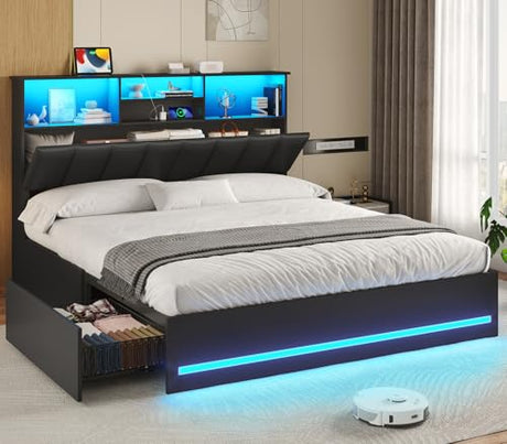 VIAGDO Full Size Bed Frame with Bookcase Headboard, Wooden Bed Frame Full Size with Charging Station, 4 Storage Drawers and LED Lights, with Type-C and USB, No Box Spring Needed, Black VIAGDO