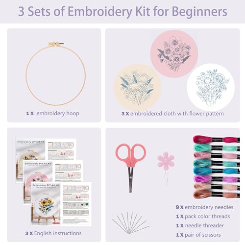 Offizon 3 PCS Embroidery Kit for Beginners - Cross Stitch DIY Craft Set, Flower Embroidery Accessories & Hoop Included, Hand Embroidery Kit for Adults Stitching Sewing Kit Gift | FlowerB Patterns