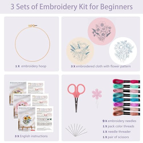 Offizon 3 PCS Embroidery Kit for Beginners - Cross Stitch DIY Craft Set, Flower Embroidery Accessories & Hoop Included, Hand Embroidery Kit for Adults Stitching Sewing Kit Gift | FlowerB Patterns Offizon