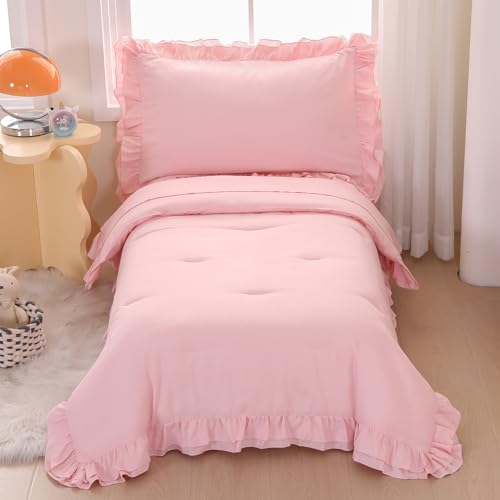 Wowelife Pink Toddler Bedding Set for Girls Toddler Bedding 4 Pieces Boho Tufted Comforter with Ruffles Design Toddler Girl Bed Set with Comforter, Fitted Sheet, Flat Sheet and Pillowcase Wowelife