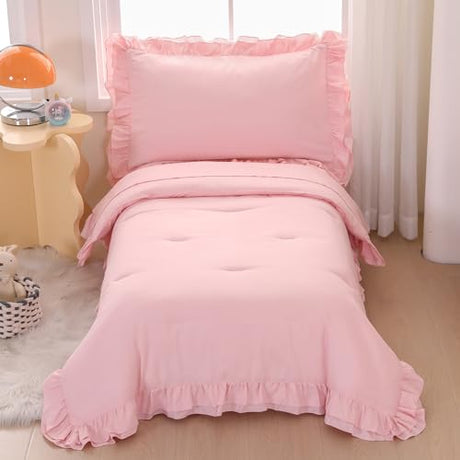 Wowelife Pink Toddler Bedding Set for Girls Toddler Bedding 4 Pieces Boho Tufted Comforter with Ruffles Design Toddler Girl Bed Set with Comforter, Fitted Sheet, Flat Sheet and Pillowcase Wowelife
