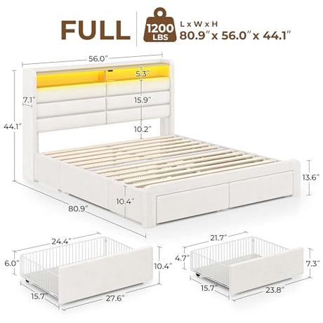 Seventable Full Size Bed Frame with 4 Storage Drawers & Charging Station, Upholstered Platform Bed with Storage Headboard and LED Light, No Box Spring Needed, Noise Free, Easy Assembly, Cream White Seventable