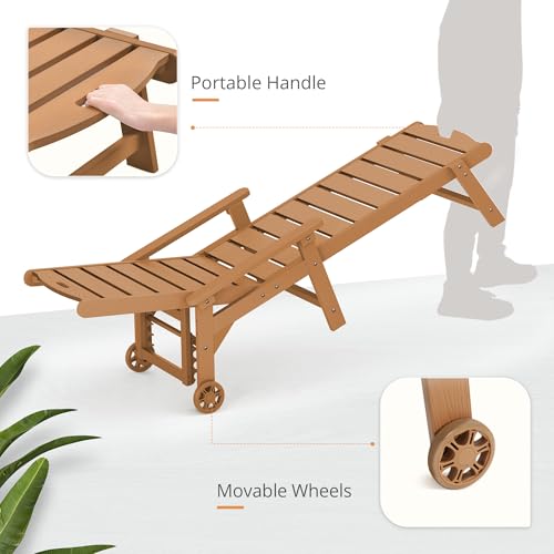 LUE BONA Outdoor Chaise Lounge, HDPS Chaise Lounger, 5 Positions Adjustable Lounge Chairs, Pool Lounge Chair with Wheels for Poolside, Backyard, Teak Color
