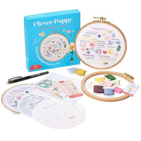 Clever Poppy Stitch Sampler Beginner Embroidery Kit – Easy Embroidery Kit for Beginners with Hoop, Thread & Patterns – Hand Embroidery Kit for Adults and Teens – Complete Embroidery Starter Kit Clever Poppy