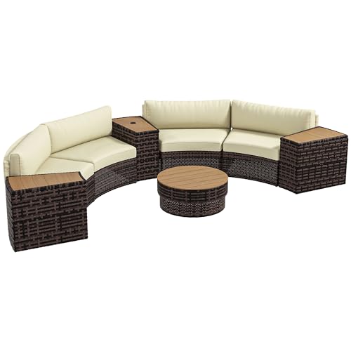 Outsunny 8 Piece Patio Furniture Set with 4 Rattan Sofa Chairs & 4 Tables, Outdoor Conversation Set with Storage & Umbrella Hole for Backyard, Lawn and Pool, Mixed Brown Outsunny