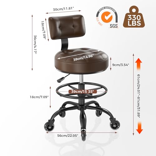 Office Drafting Chair with Footrest, Tall Height Adjustable Stool with Back Support, Heavy Duty Rolling Stool Chair with Wheels for Office Home Kitchen Bar Shop Guitar Studio Medical Vanity(Brown) FREEKYROCK