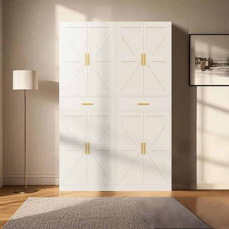 GTFURNI 71" Tall Kitchen Pantry Storage Cabinet with 4 Doors & Drawer, Adjustable Shelves, Farmhouse Cupboard, Freestanding Cabinet with Door Shelves for Dining Room/Living Space, White GTFURNI